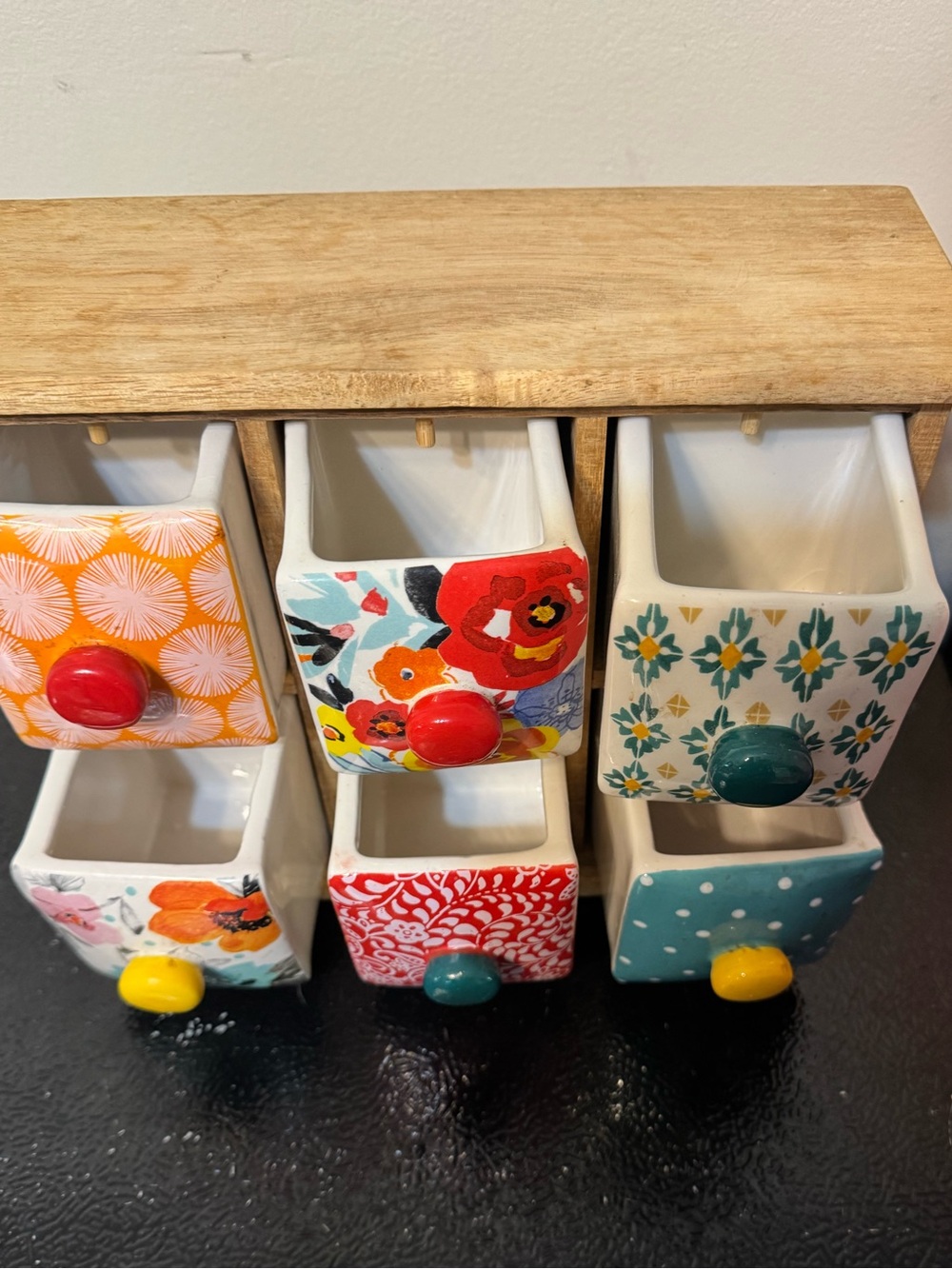 Pioneer Women Colorful Ceramic 6-Drawer Spice Box - Floral & Patterned Pulls - Picture 3 of 4